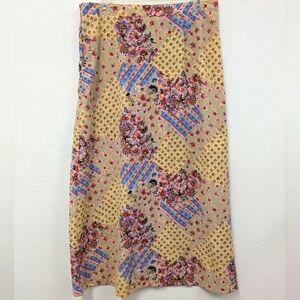 Vintage Y2K Ivory Floral Geometric Maxi Skirt sz 14 Retro Whimsical Bohemian